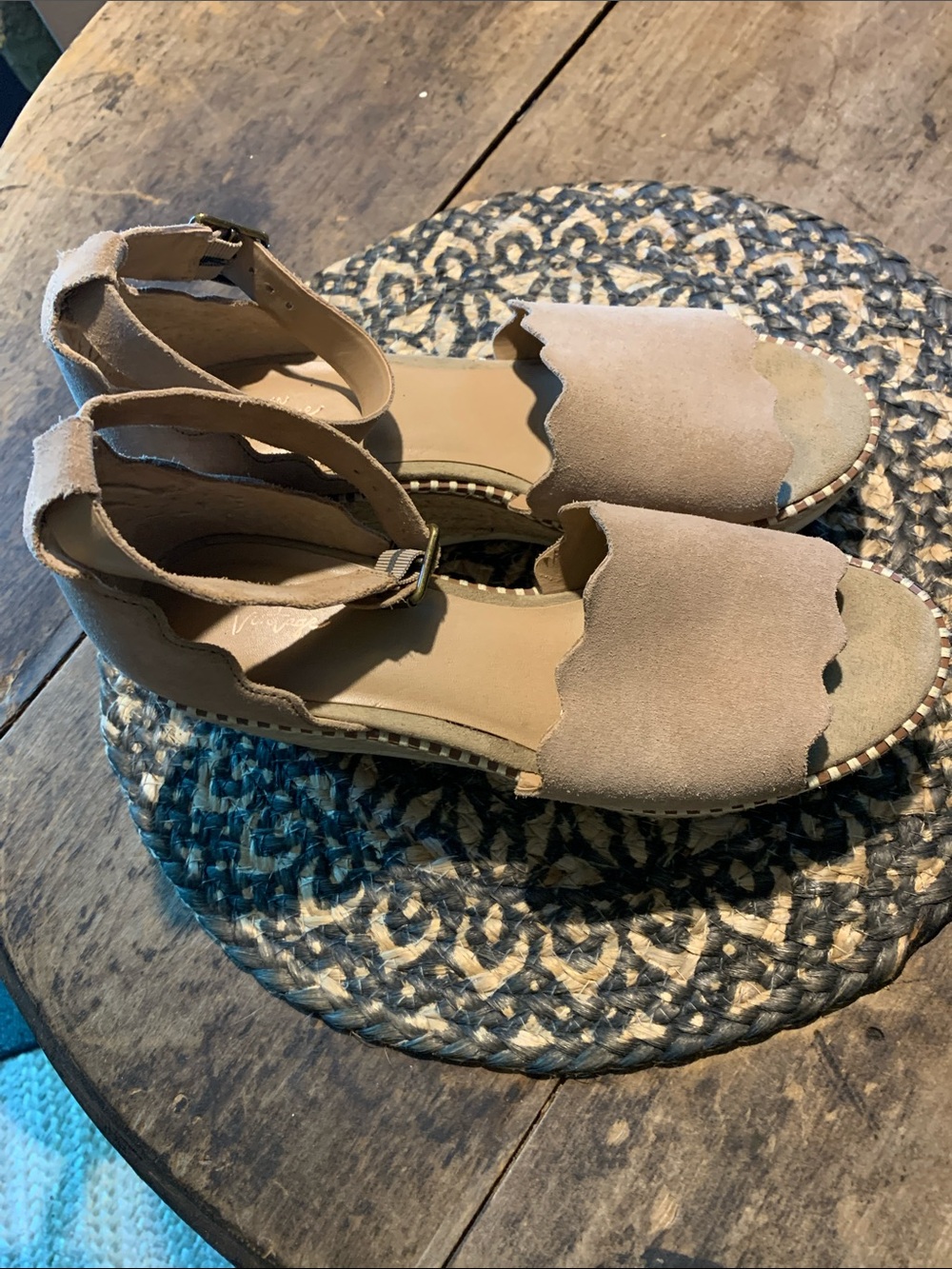 Crown Vintage Daffodil Scalloped Suede Espadrille Wedges in Camel